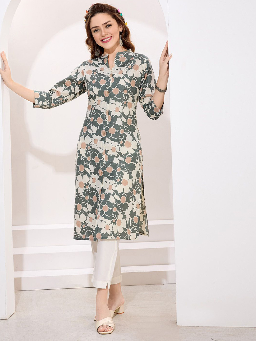 Meena Bazaar Floral Printed Band Collar Cotton A-Line Kurta