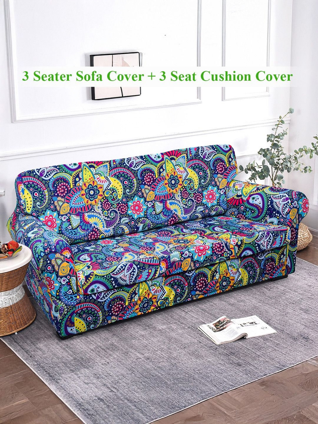 HOKIPO Saphire Boho Carnival Blue & Red 4 Pieces Printed 3 Seater Sofa Cover With Arms