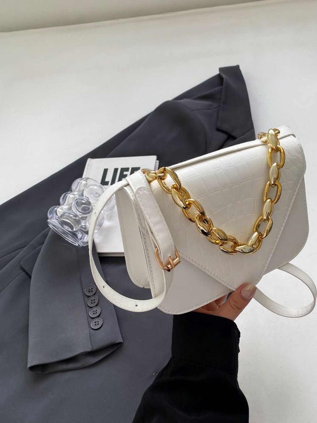 CORSICA Women Off-White Croc-Textured Handbag with Gold-Toned Chain