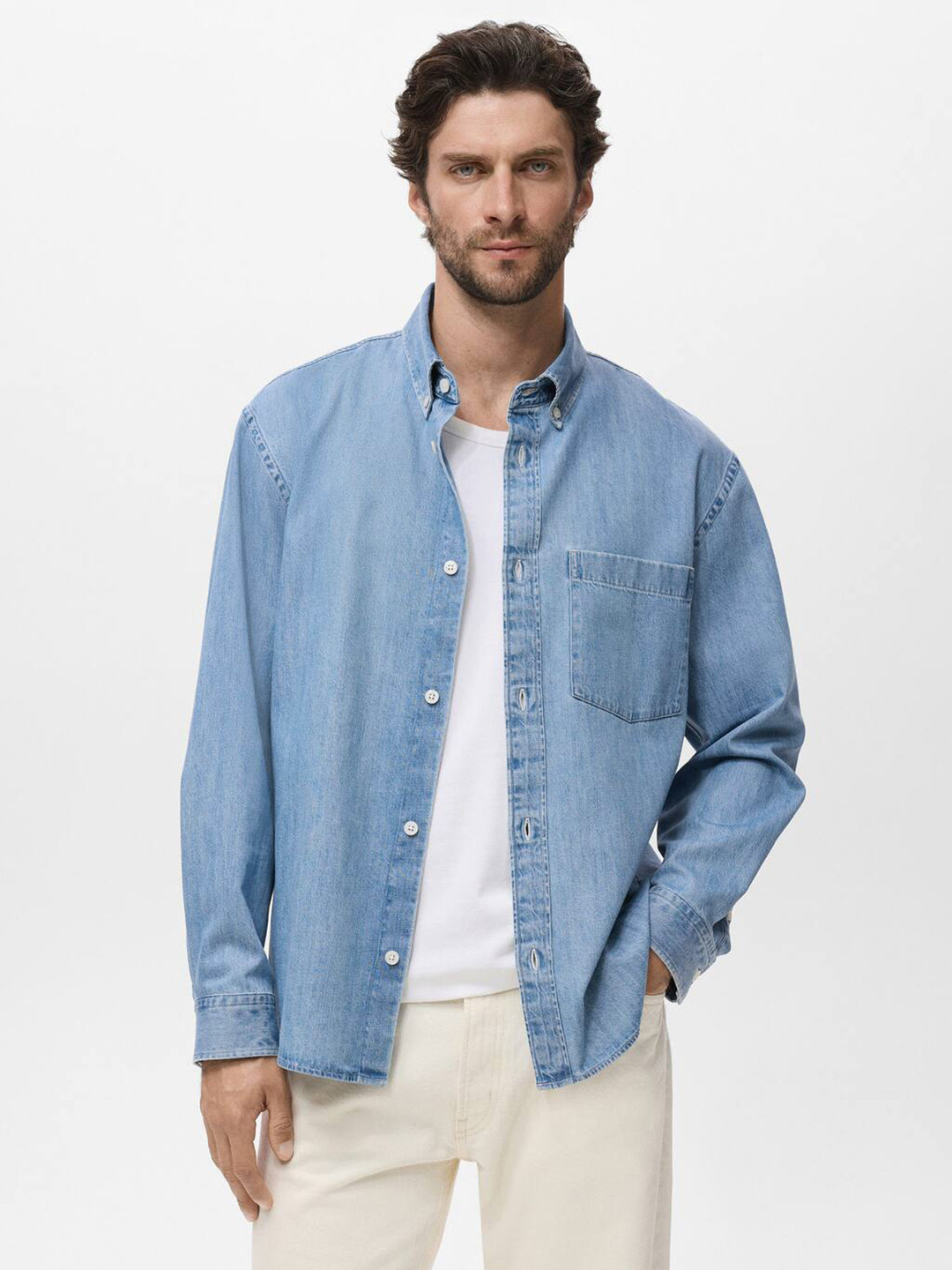 MANGO MAN Button-Down Collar Pure Cotton Denim Relaxed Fit Shirt