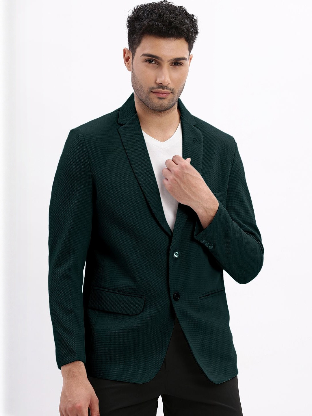 SHOWOFF Men Teal Single-Breasted Slim Fit Blazer with Notched Lapel