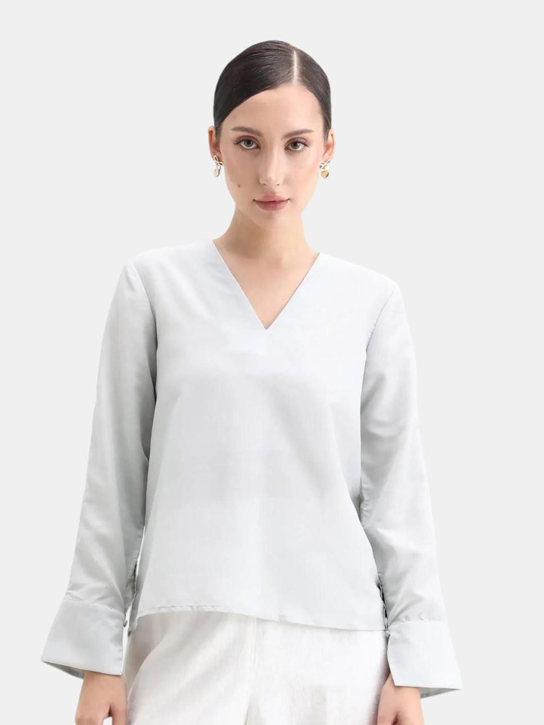 RAREISM Women Cuffed Sleeve V-Neck Plain Top