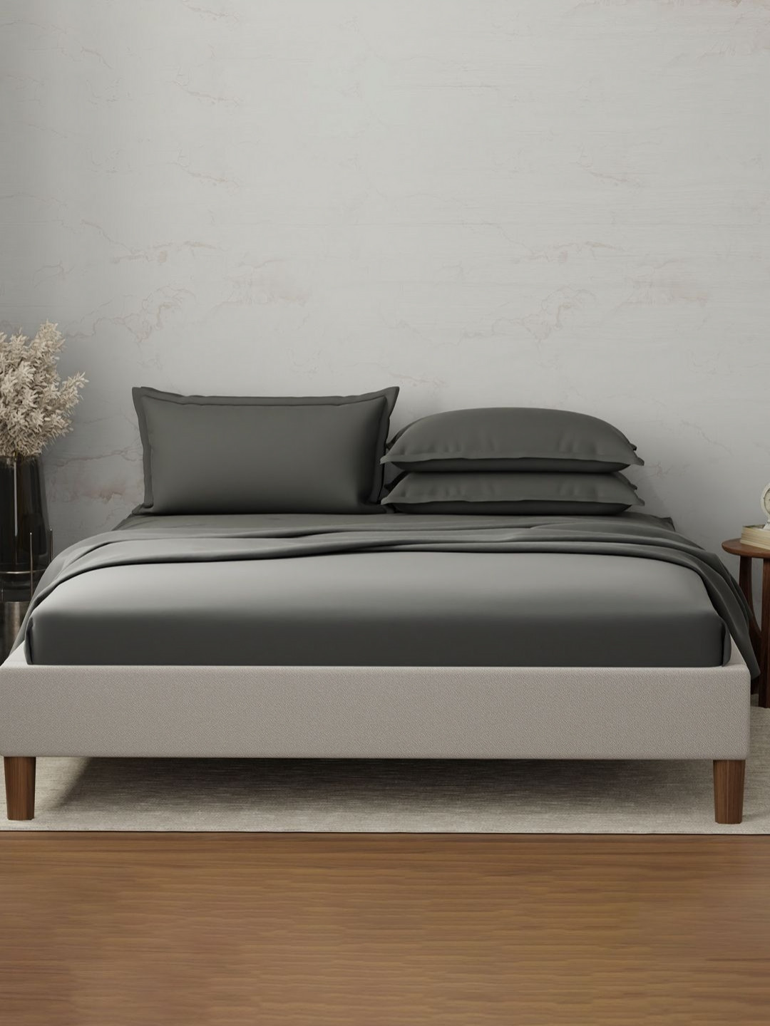 Boutique Living India Emblem Grey Pure Cotton 300 TC King Bedsheet Set - 2.74 m x 2.74 m