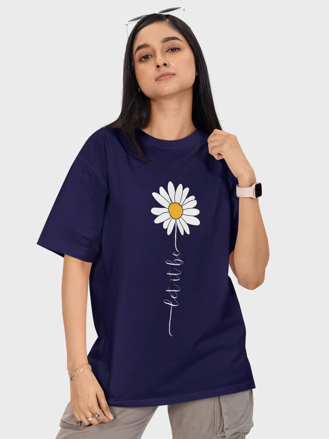 Reifica Women Floral Printed Round Neck Pure Cotton Oversized T-shirt