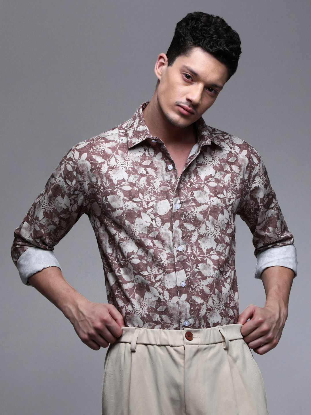 Paper Cut Oversized Printed Cotton Linen Spread Collar Casual Shirt