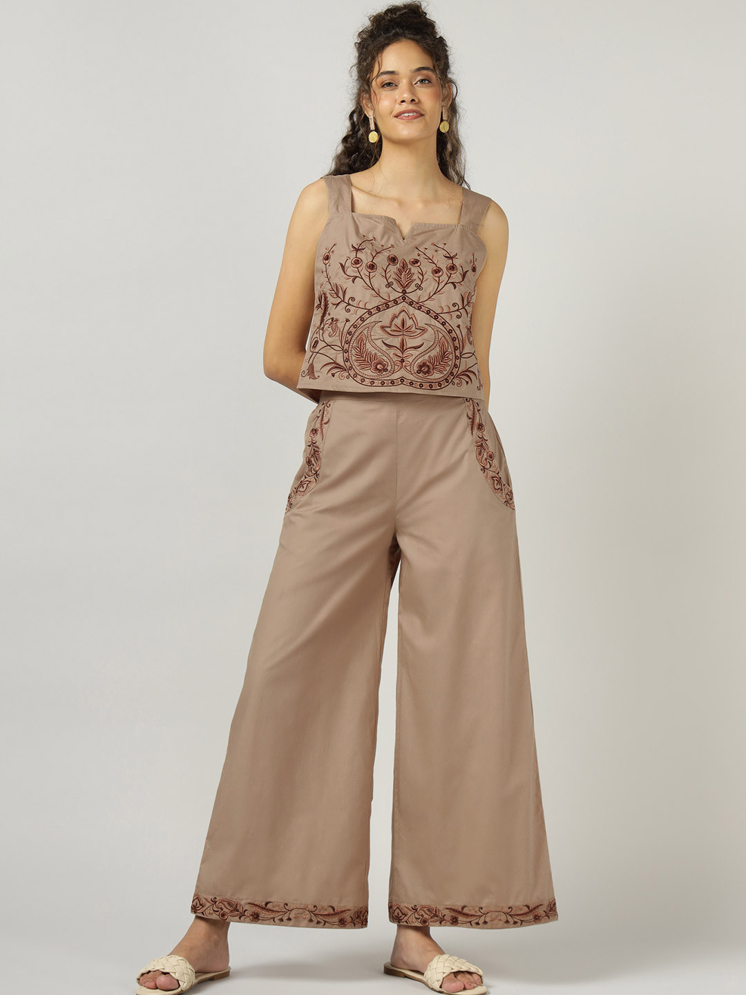Sands of India Mocha Poplin Embroidered Co-ord Set