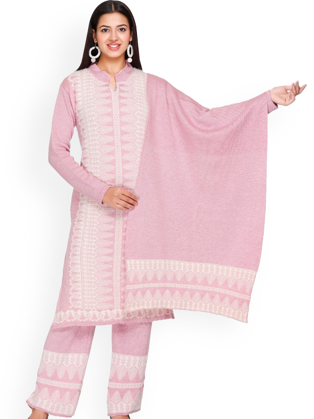 The Zigar Studio Self Design Mandarin Collar Straight Kurta With Palazzos & Dupatta