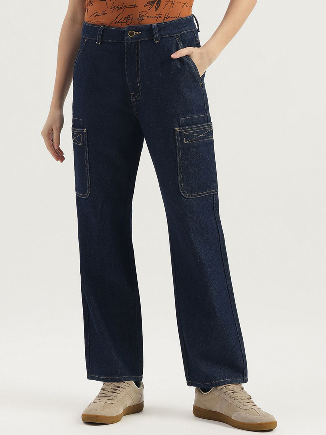 United Colors of Benetton Women Straight Fit High-Rise Cargo Styles Jeans