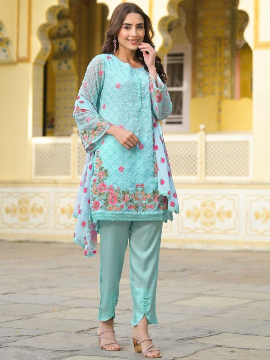 AUTUMN LANE Sanmati Aqua Floral Embroidered Pure Cotton Kurta With Trouser & Dupatta