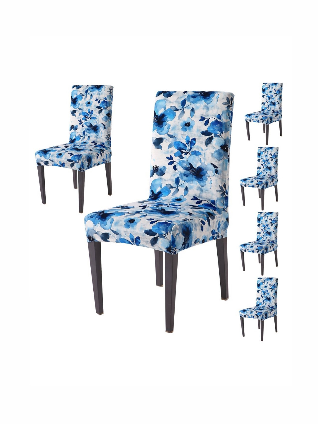 HOKIPO Set Of 6 Blue & White Printed Velvet Chair Covers