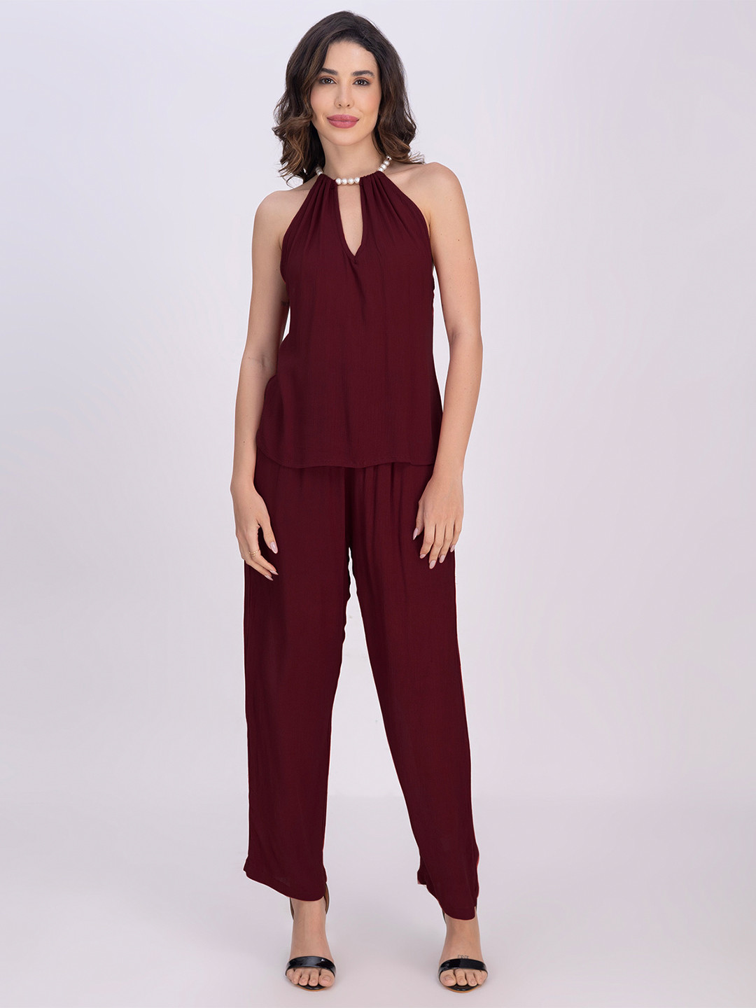 Moomaya Burgundy Halter Neck Sleeveless Top With Trouser Co-Ords