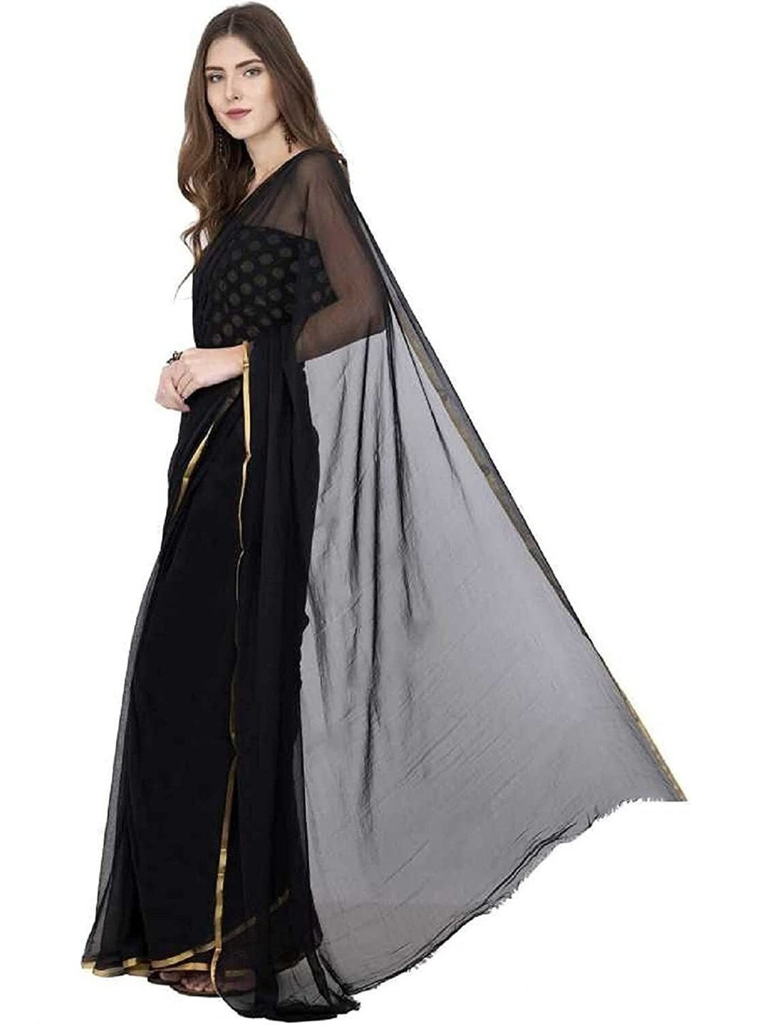 The Fashion Attire Solid/plain Bollywood Chiffon Saree (Black)