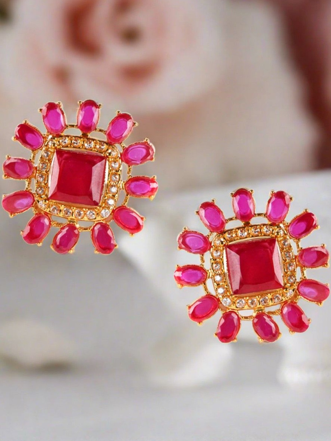 Anouk Women Gold Plated Marron & Ruby Studded Floral Studs Earrings