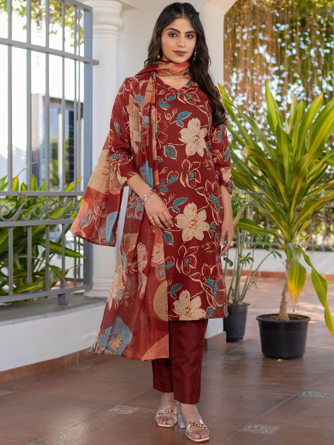 FANCYNINE Floral Printed A-Line Kurta With Trousers & Dupatta
