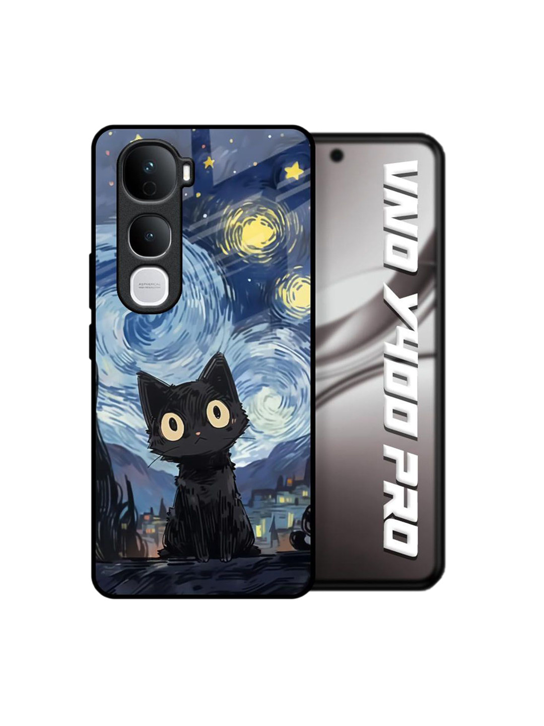 QRIOH Midnight Whiskers Printed Glass Back Case for Vivo Y400 Pro 5G