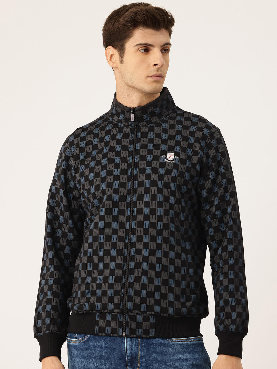 Monte Carlo Geometric Printed Mock Collar Cotton Front-Open Sweatshirt with Inner Fleece