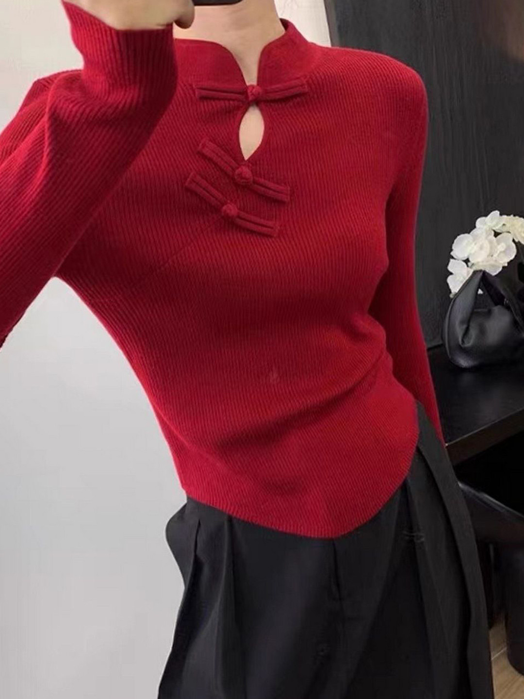 StyleCast Women Ribbed Sweater With Mandarin Collar And Frog Closures
