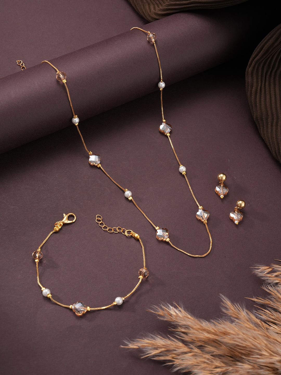 Aadvik Designs Gold-Plated Artificial Beaded Necklace And Earrings With Bracelet