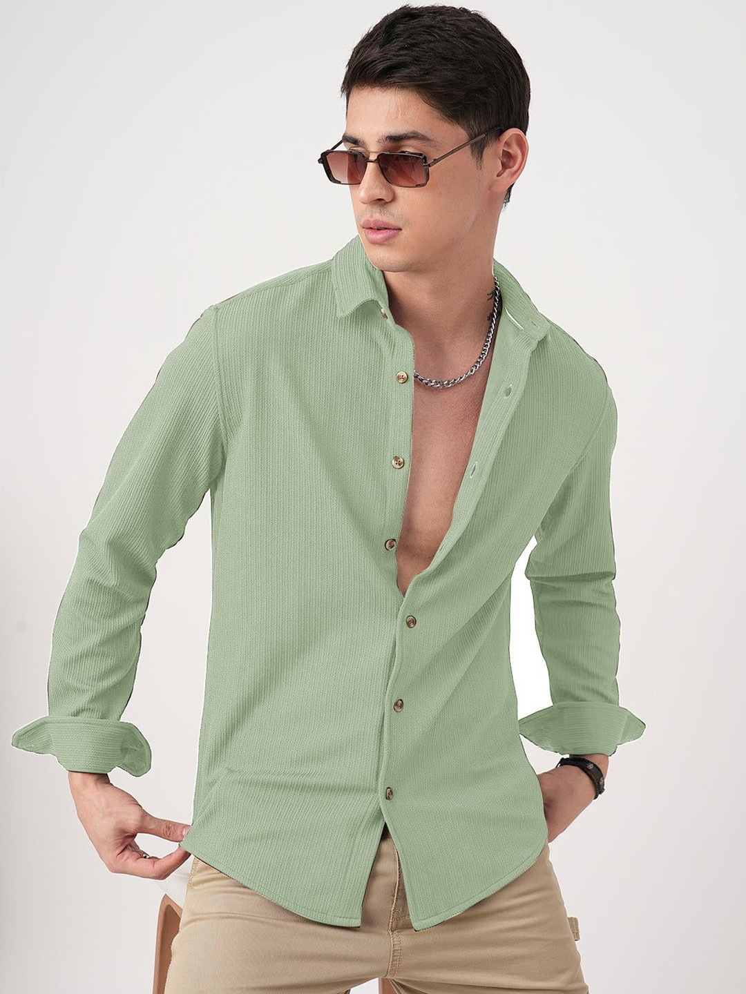 Moda Rapido Men Lime Green Regular Fit Self Design Spread Collar Formal Shirt