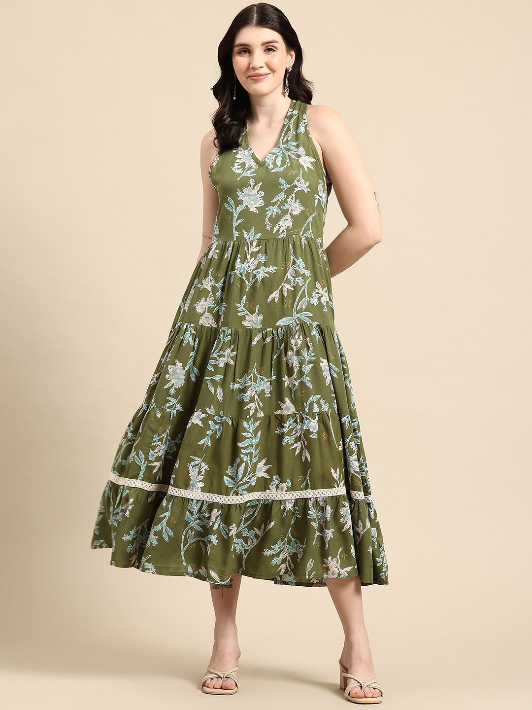 PINK VYBE Women Floral Printed Tiered A-Line Midi Ethnic Dress