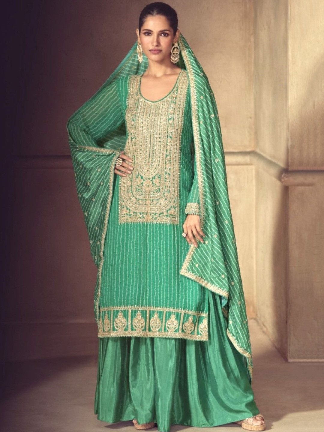 AUTUMN LANE Nimrat Fern Floral Embroidered Sequinned Kurta With Sharara & Dupatta