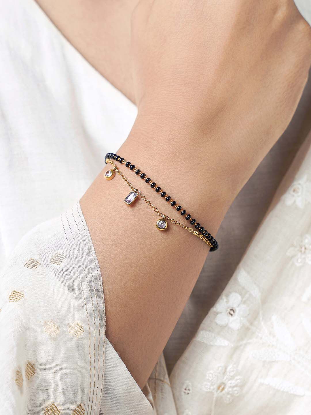 SWASHAA Rivaya Gold-Plated Stainless Steel Stone Studded & Beaded Mangalsutra Bracelet