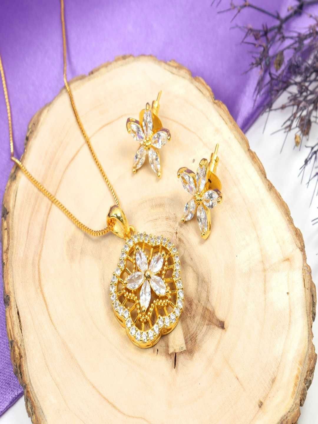 City Girl  Gold-Plated Cubic Zirconia Studded Necklace And Earrings