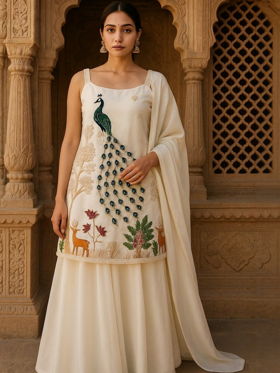 Mangalmay By Aastha Women White Animal Embroidered Kurti Set With Sharara & Dupatta