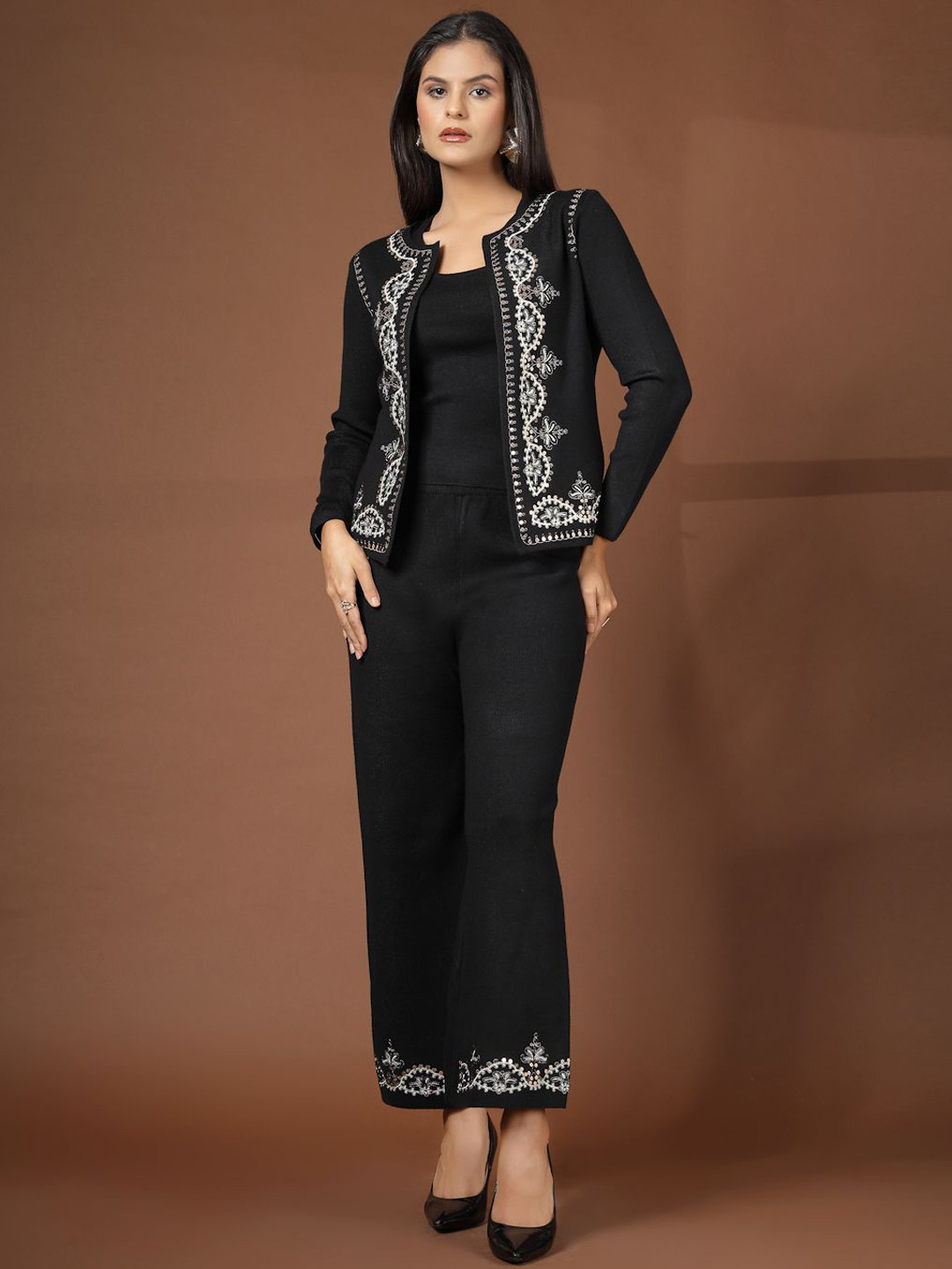 Mafadeny Embroidered Scoop Neck Polo Collar Top & Trousers With Jacket