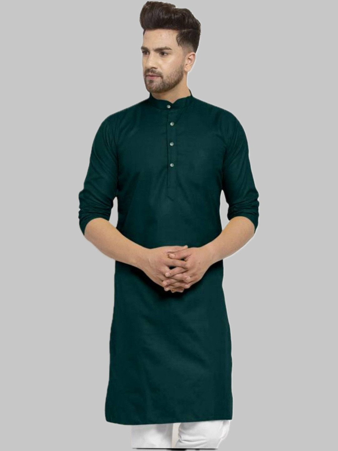 ANUJ FASHION Men Dark Green Solid Mandarin Collar Festive Ethnic Kurta