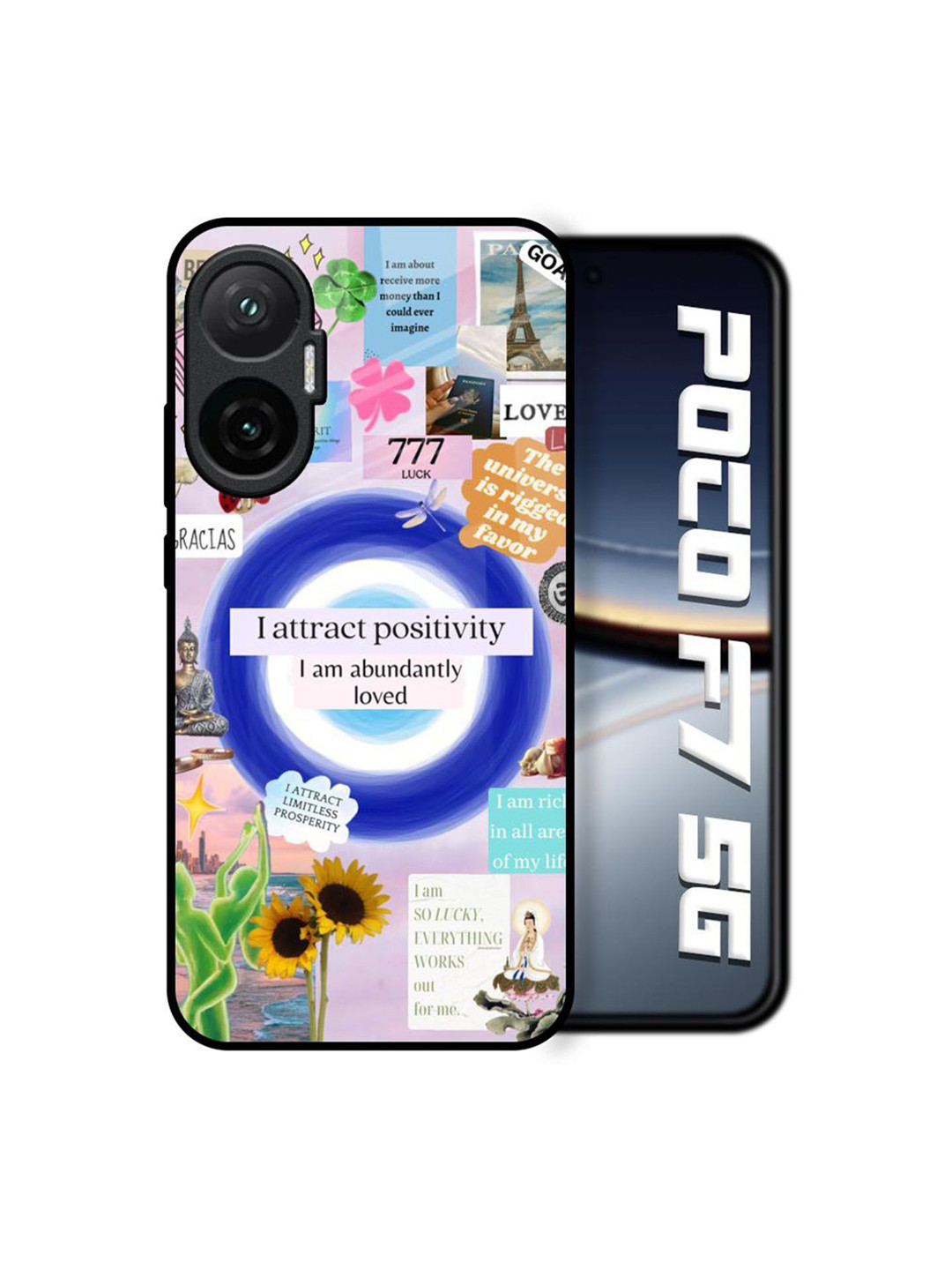 QRIOH Positivity Fusion Glass Printed Poco F7 5G Back Case Mobile Accessories