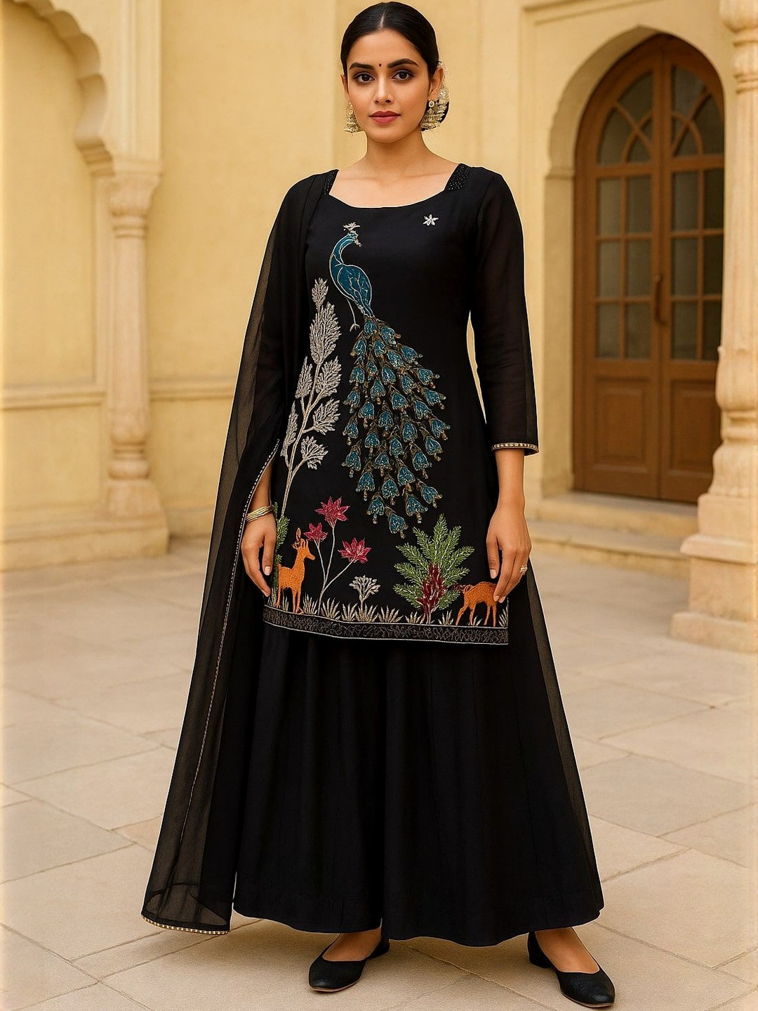 Mangalmay By Aastha Women Animal Embroidered Regular Kurti with Sharara & With Dupatta