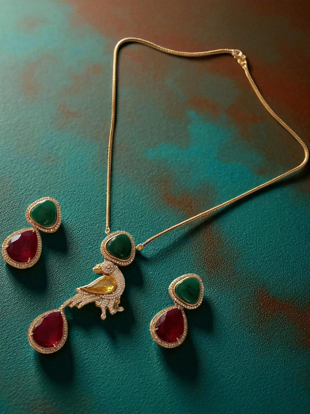 Rebekah Women Green & Gold-Plated Peacock Pendant With Earrings