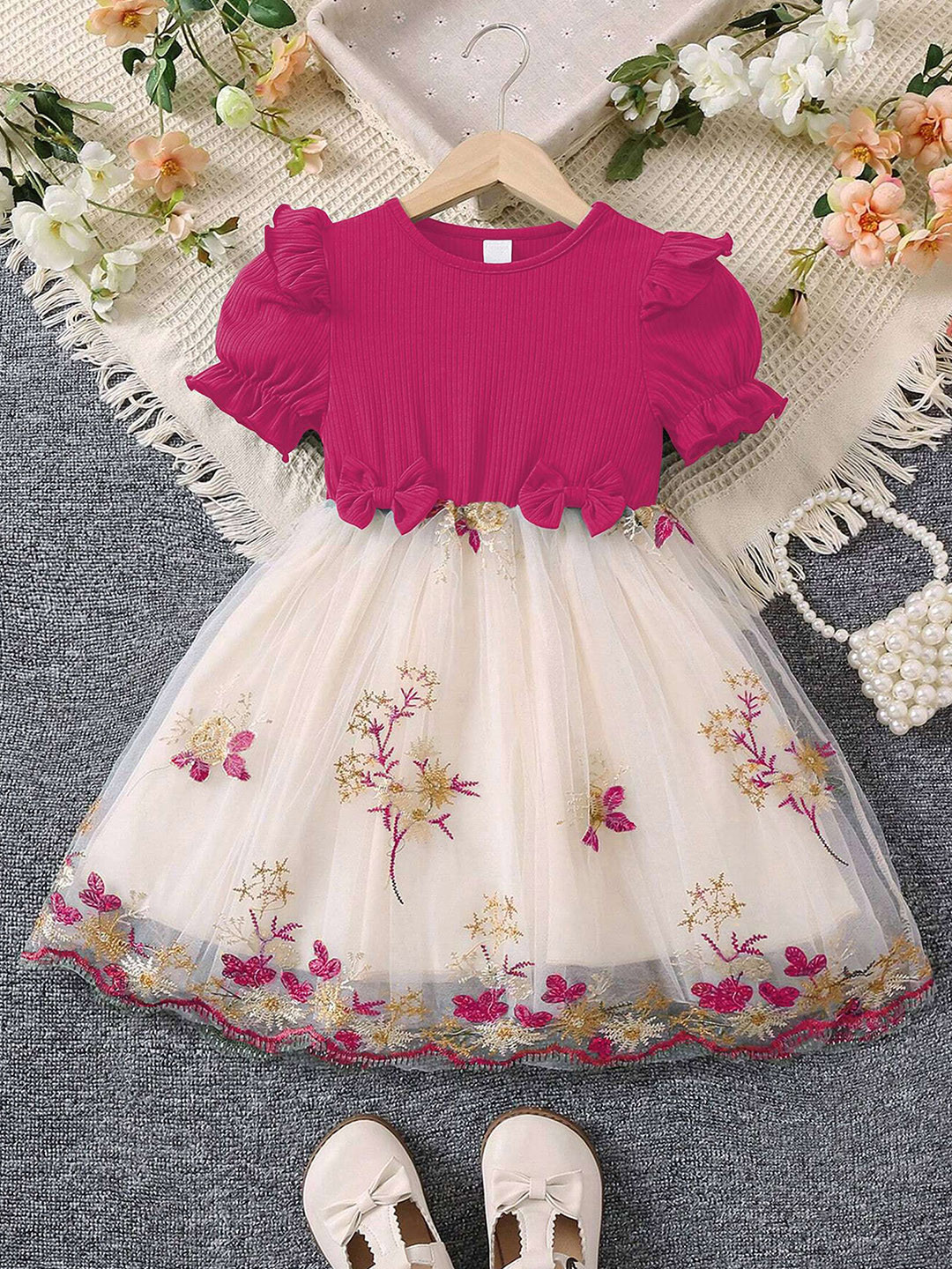 BAESD Girls Embroidered Puff Sleeve Fit & Flare Dress