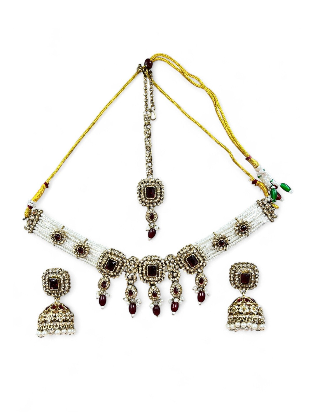 ANTIQUE JEWELLERY Copper Plated Kundan Pearl Beaded & Stone Studded Choker with Jhumka Earrings & Maang Tikka