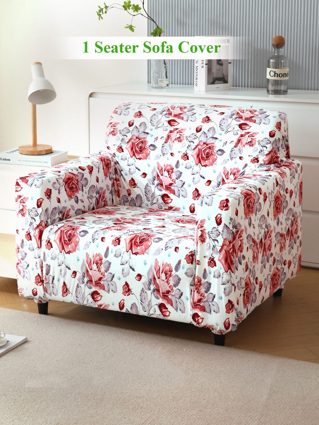 HOKIPO Cottage Rose Colored & White Printed Velvet Sofa Cover With Arms