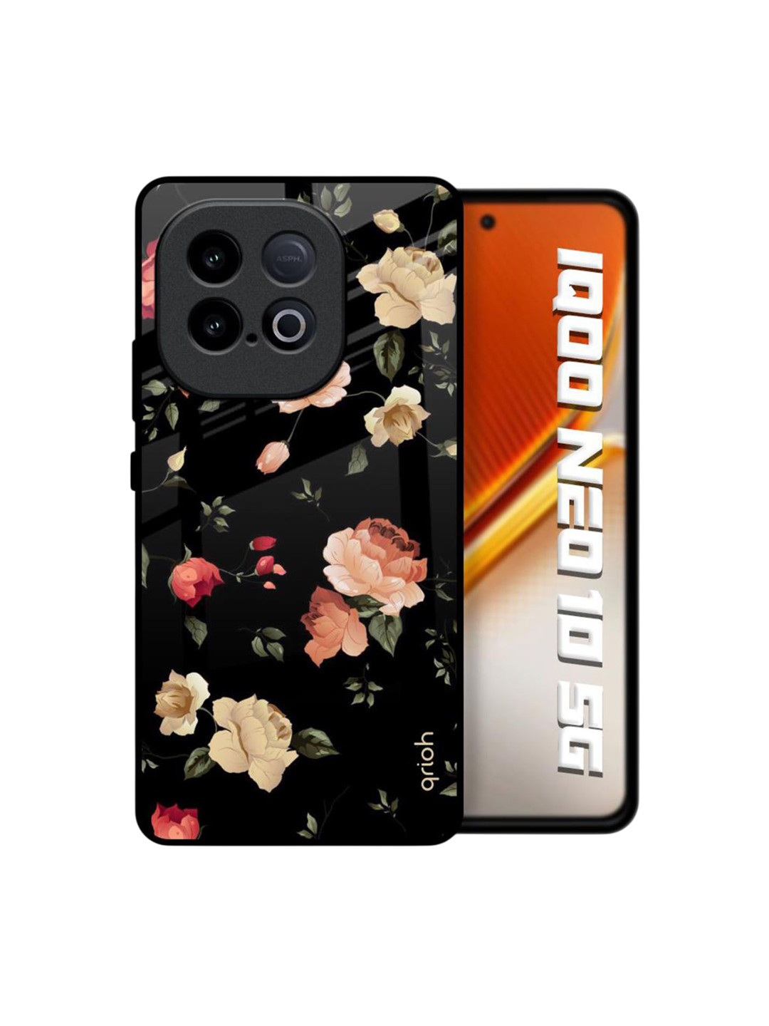 QRIOH Black Spring Floral Printed iQOO Neo 10 5G Glass Back Case Mobile Accessories