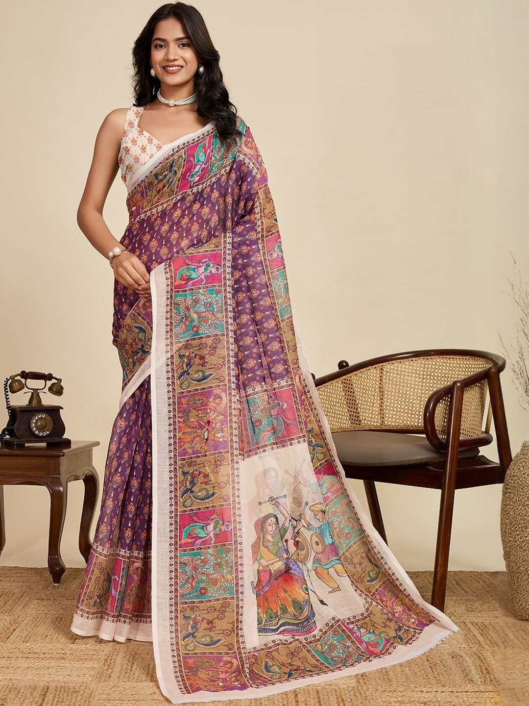 VS MALL Linen Blend Saree