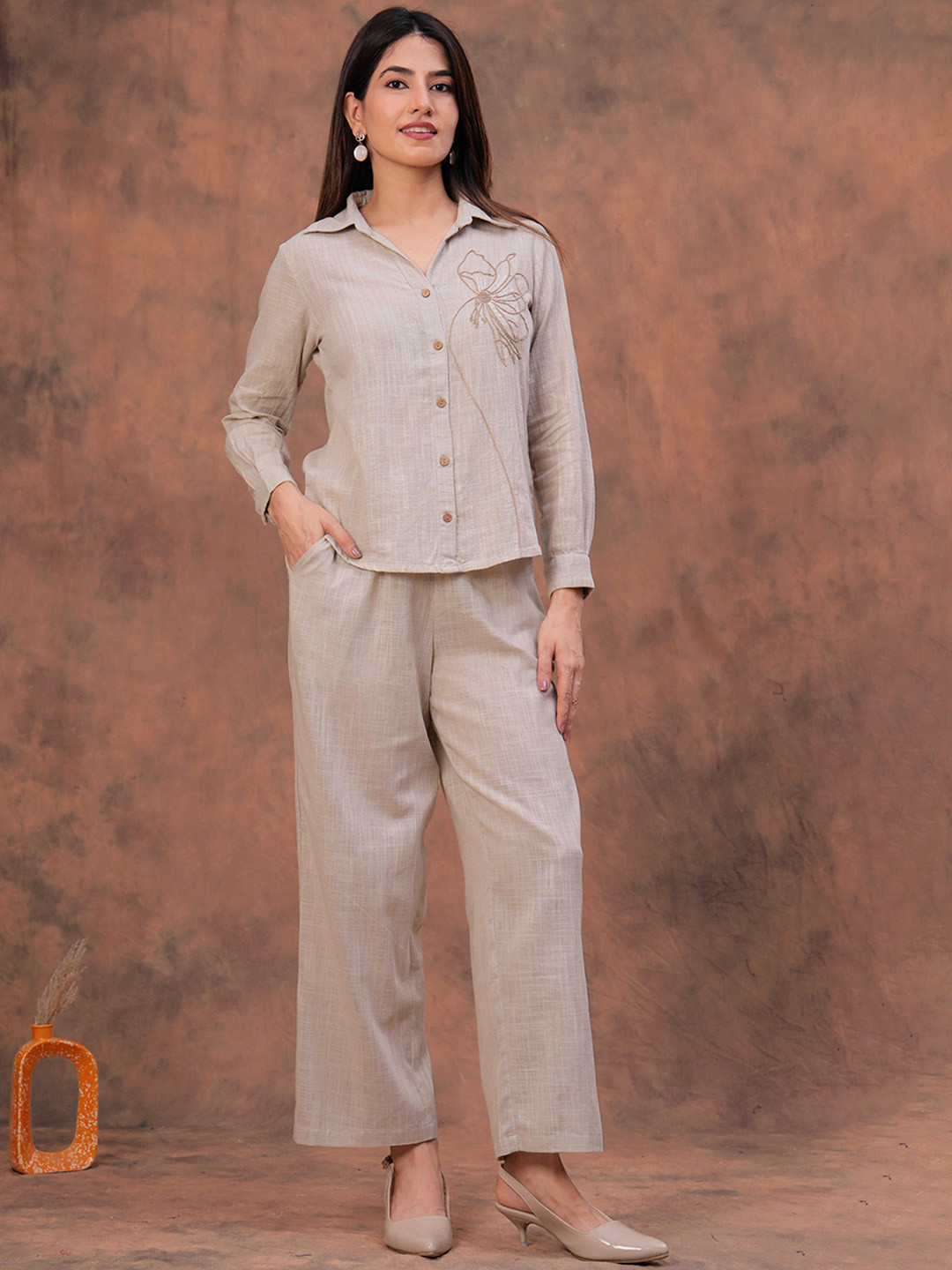 Sencei Embroidery Collared Neck Long Sleeve Shirt With Trouser Co-Ords Set