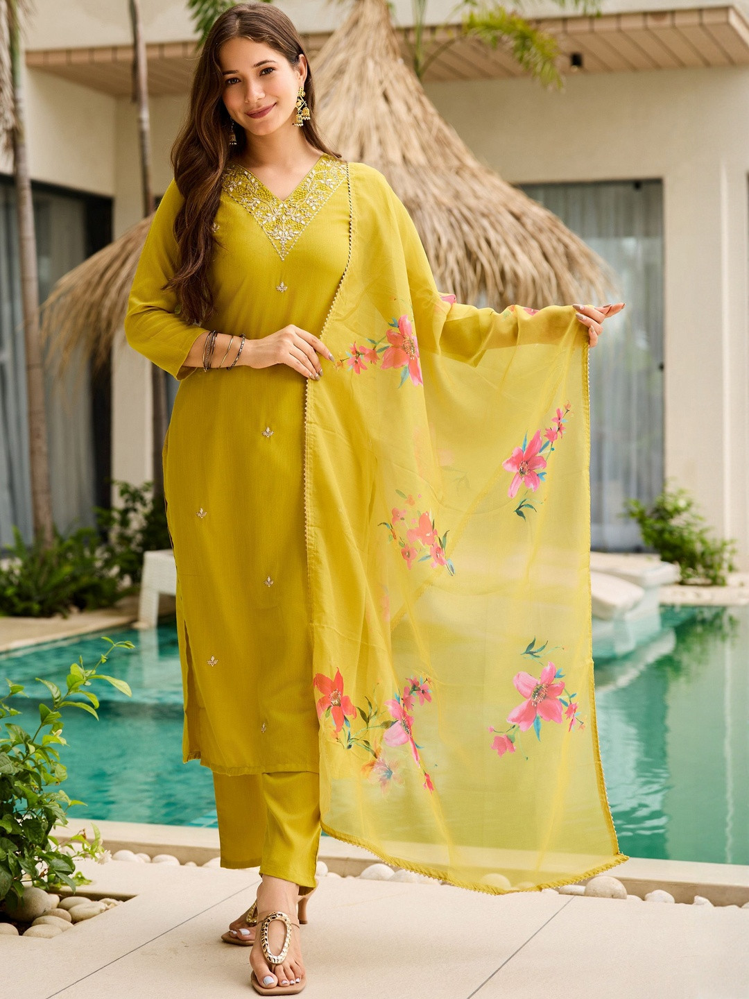 KALINI Embroidered Yellow Rayon Slub Kurta Set with Floral Organza Dupatta Kurta Sets