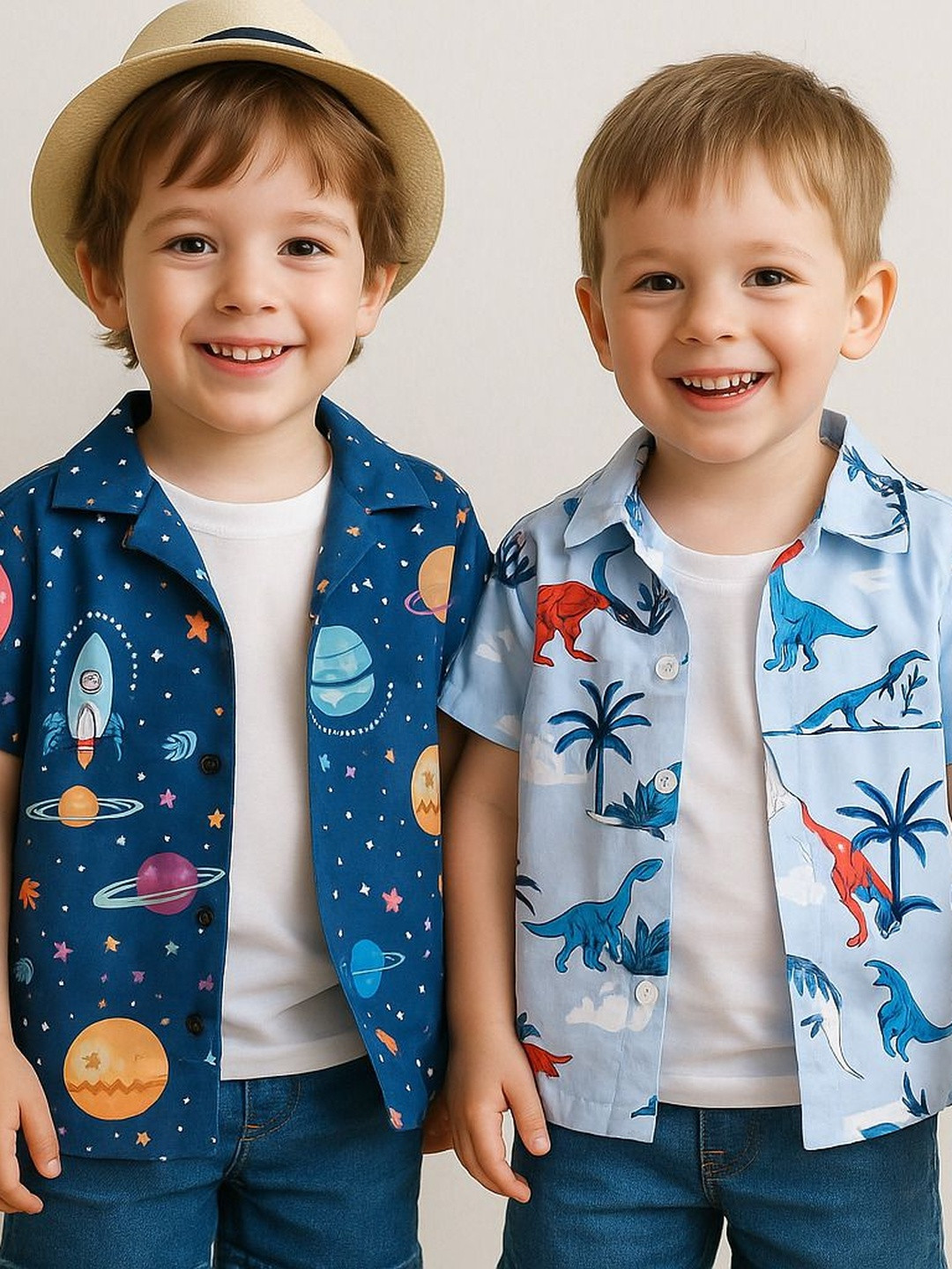 SHREE VANKIYA HANUMANJI FASHION Boys 2 Pcs Blue Dino & Space Printed Cotton Shirts