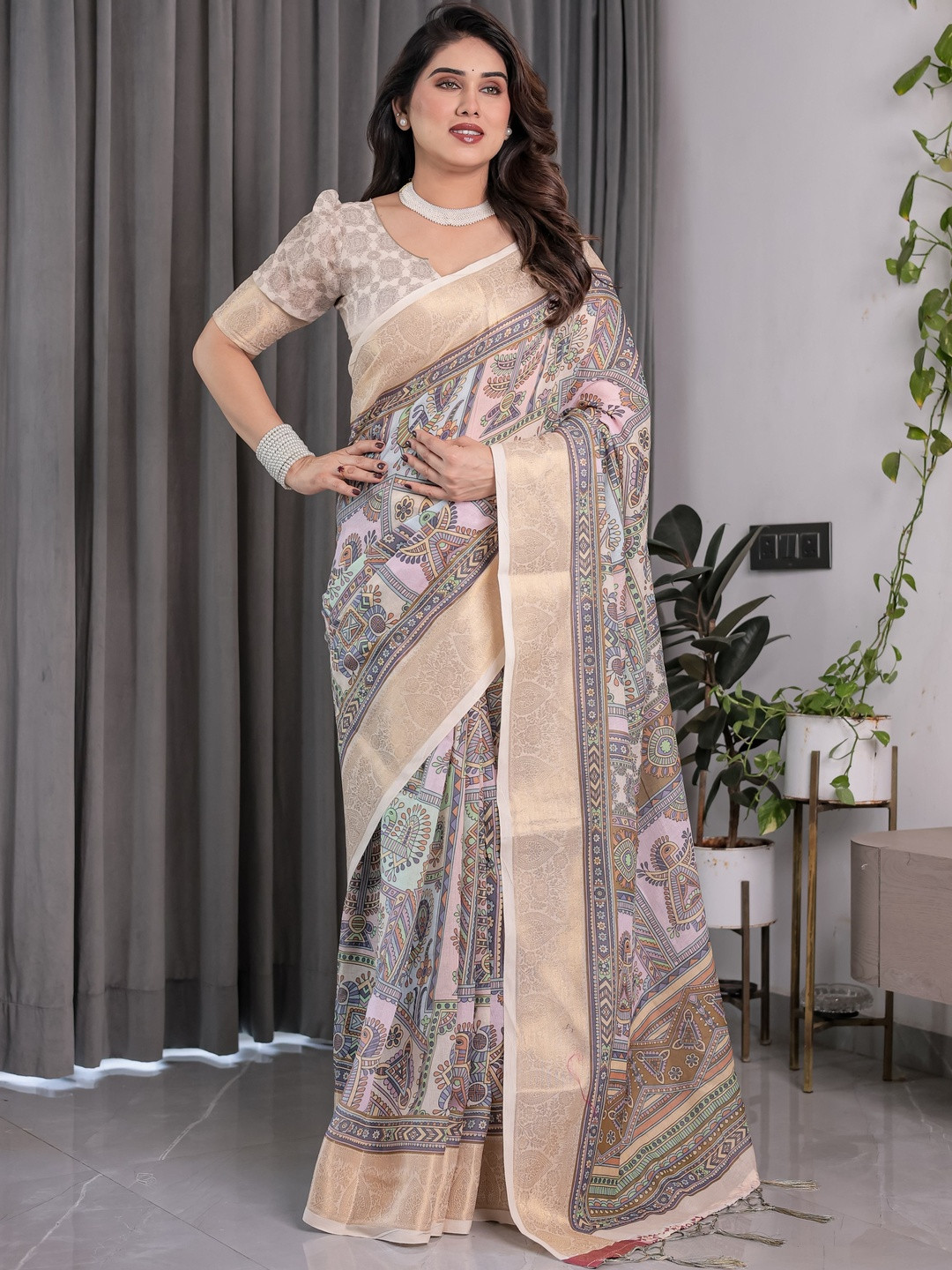 Kriyansh Pure Linen Saree With All-over Floral Prints & Tassels Saree