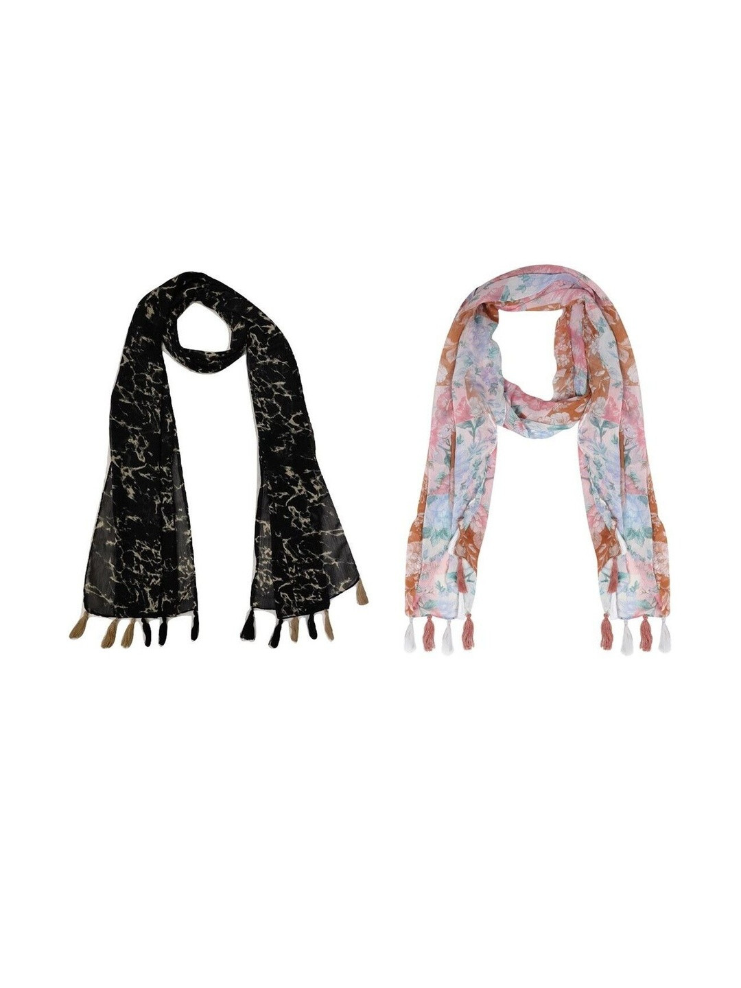 StoleVilla Pack Of 2 Floral Printed Tasseled Border Stoles