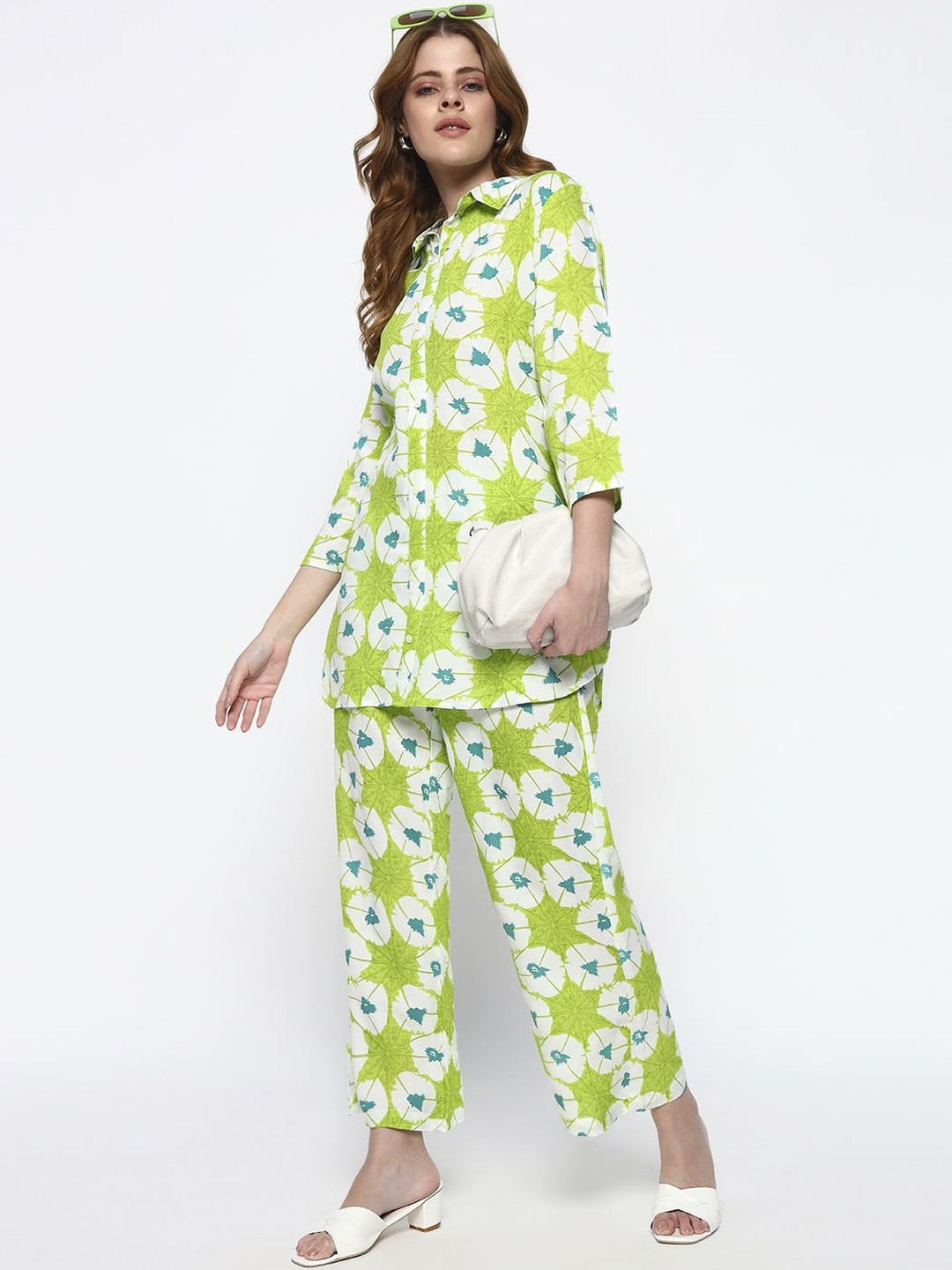 NISANG Printed Pure Cotton Shirt Collar Tunic With Trousers