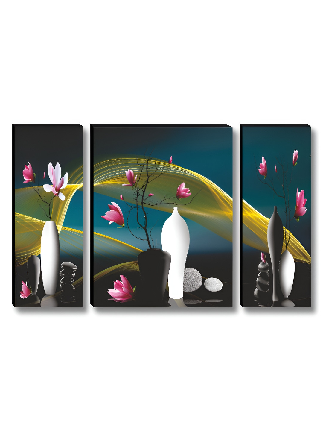 SAF 3 Pieces Blue & White Abstract Floral Vase Wooden Wall Art