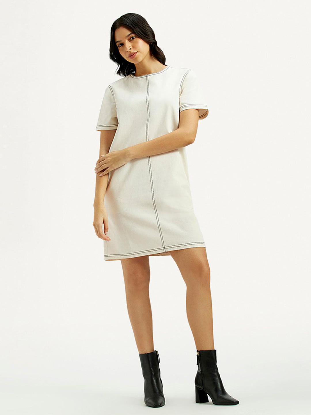 Levis Women's Solid White Round Neck Denim Dress