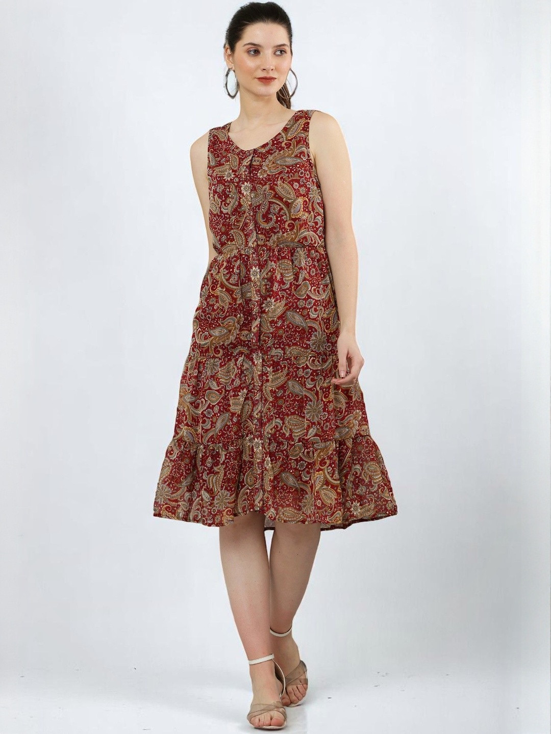 CORSICA Women Maroon & Green Paisley Printed Round Neck Layered Polyester A-Line Dress
