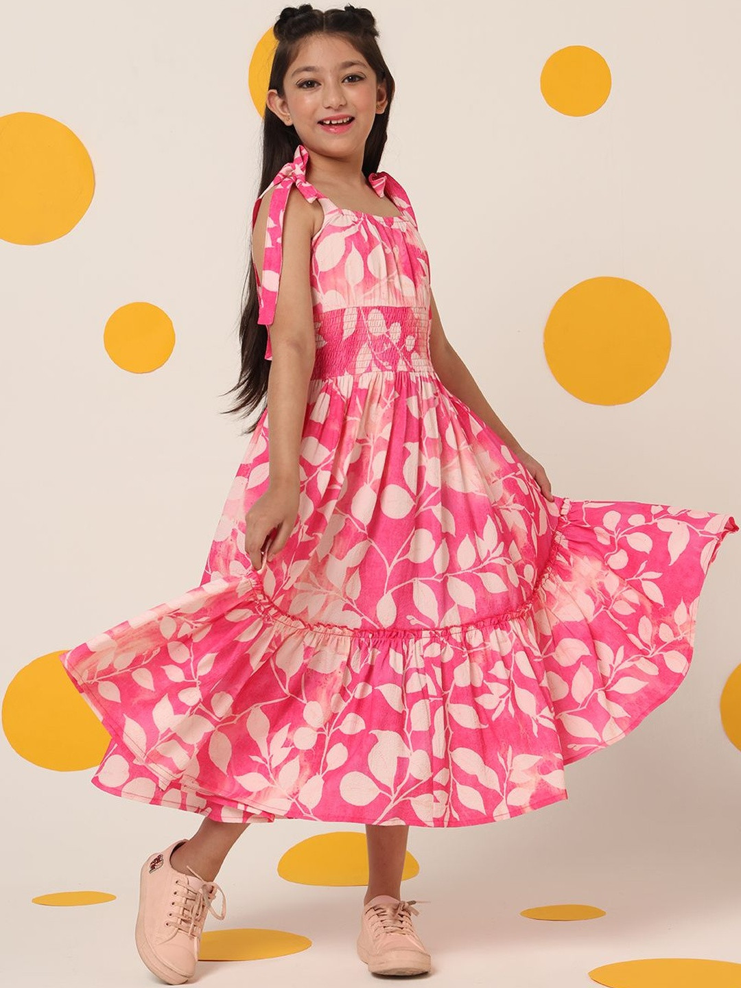 Cherry & Jerry Girls Pink & White Floral Printed Two Tiered Crepe Fit & Flare Midi Dress