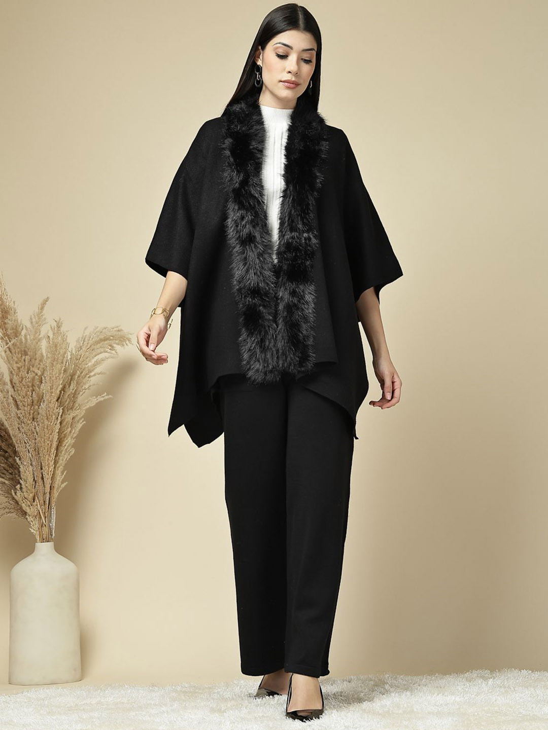 Mafadeny Women Front-Open Faux Fur Poncho With Trousers Co-Ords