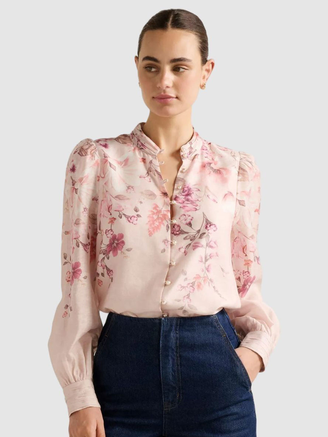 Forever New Floral Print Mandarin Collar Shirt Style Top